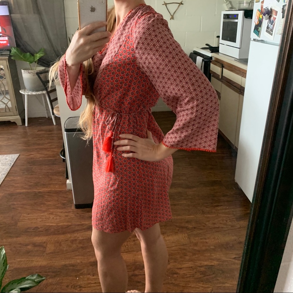 Boden Red Floral Print Tunic Dress Tassel Pom Pom - Picture 6 of 13